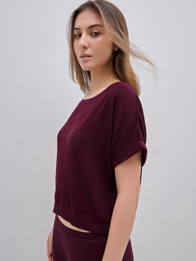 Wunderlove Purple Ribbed Scoop Neck Cotton-Blend Top