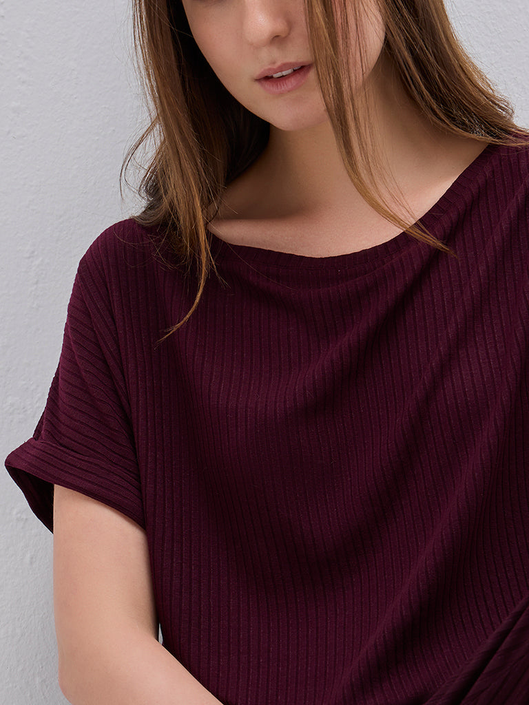 Wunderlove Purple Ribbed Scoop Neck Cotton-Blend Top
