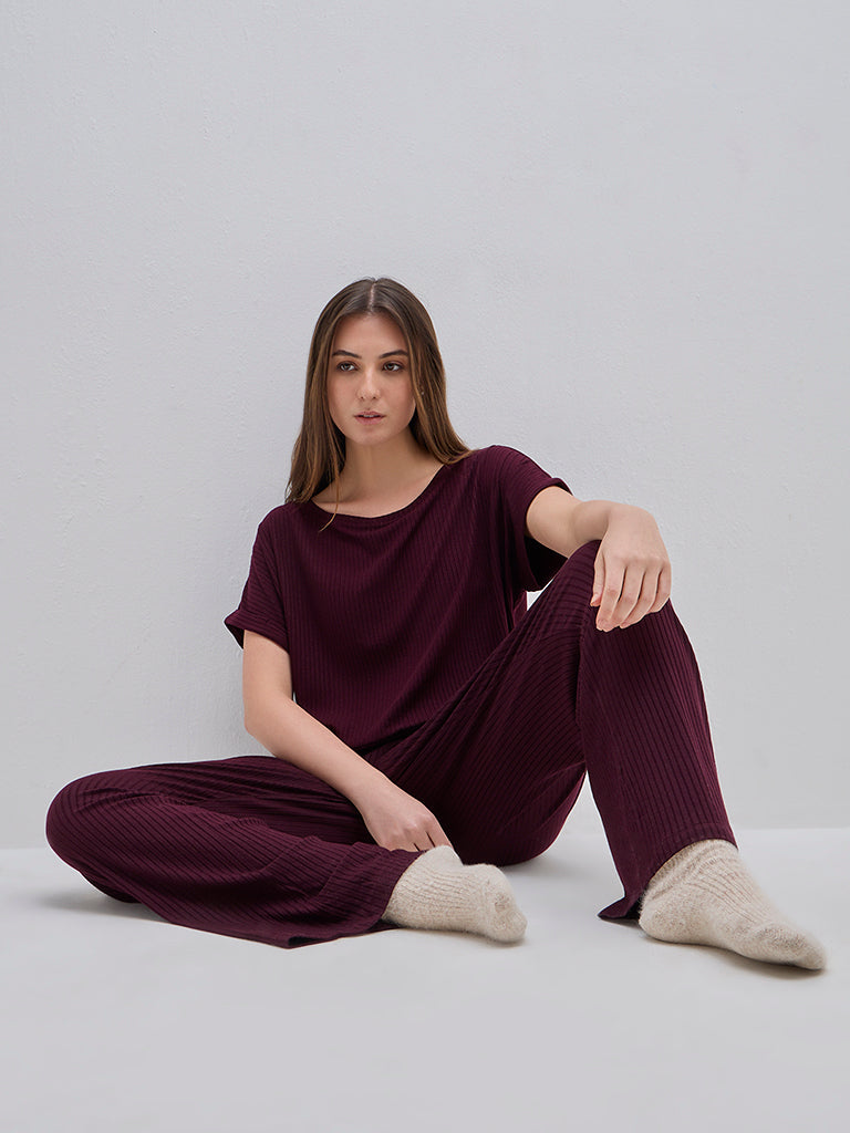 Wunderlove Purple Ribbed Scoop Neck Cotton-Blend Top