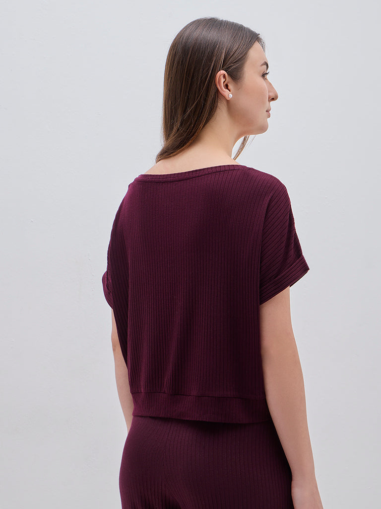 Wunderlove Purple Ribbed Scoop Neck Cotton-Blend Top