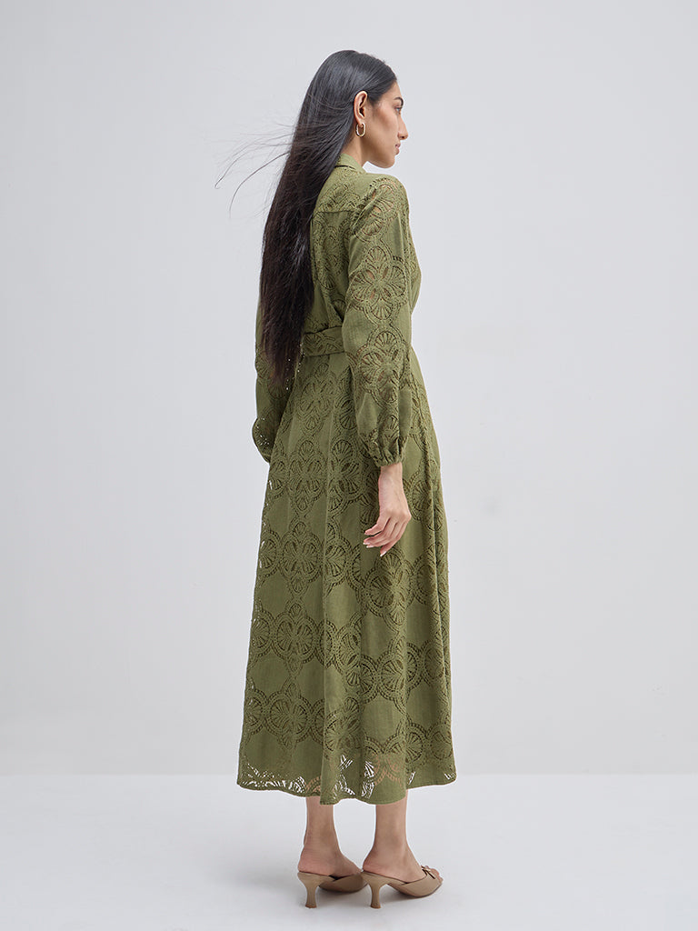 LOV Olive Schiffli Cotton Shirt Dress with Belt