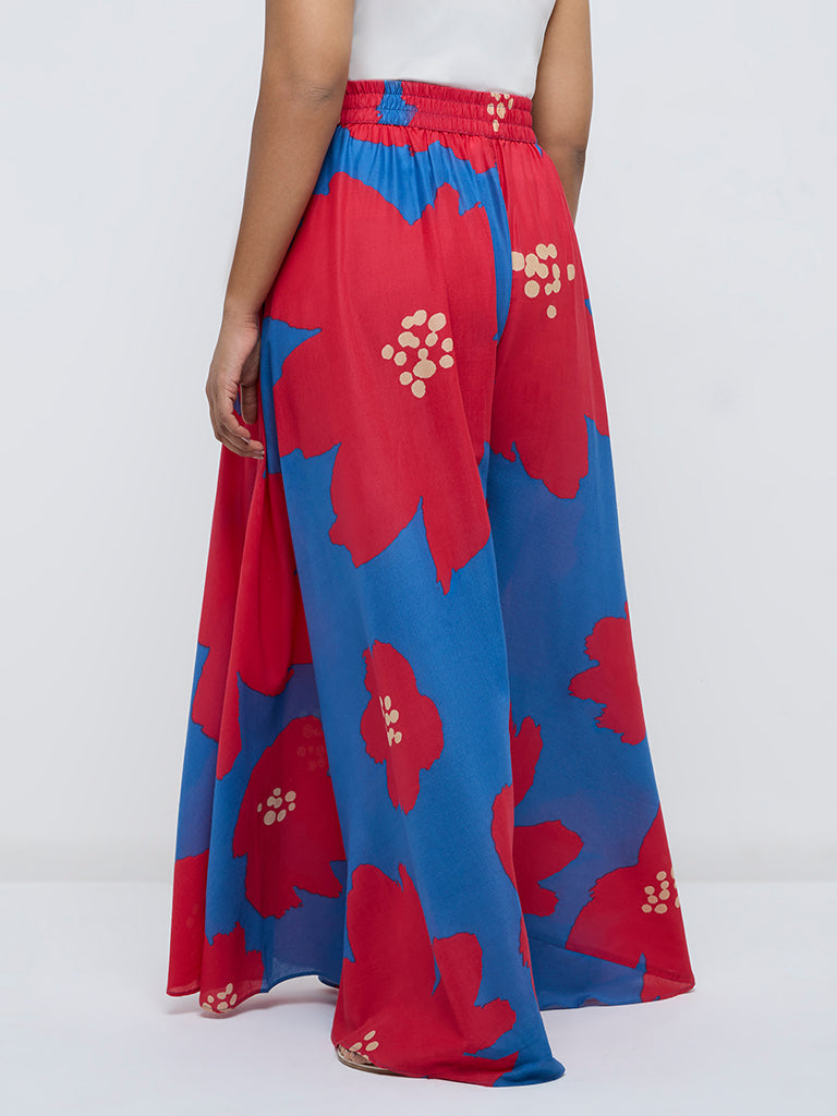 Diza Blue Floral Printed High-Rise Palazzos