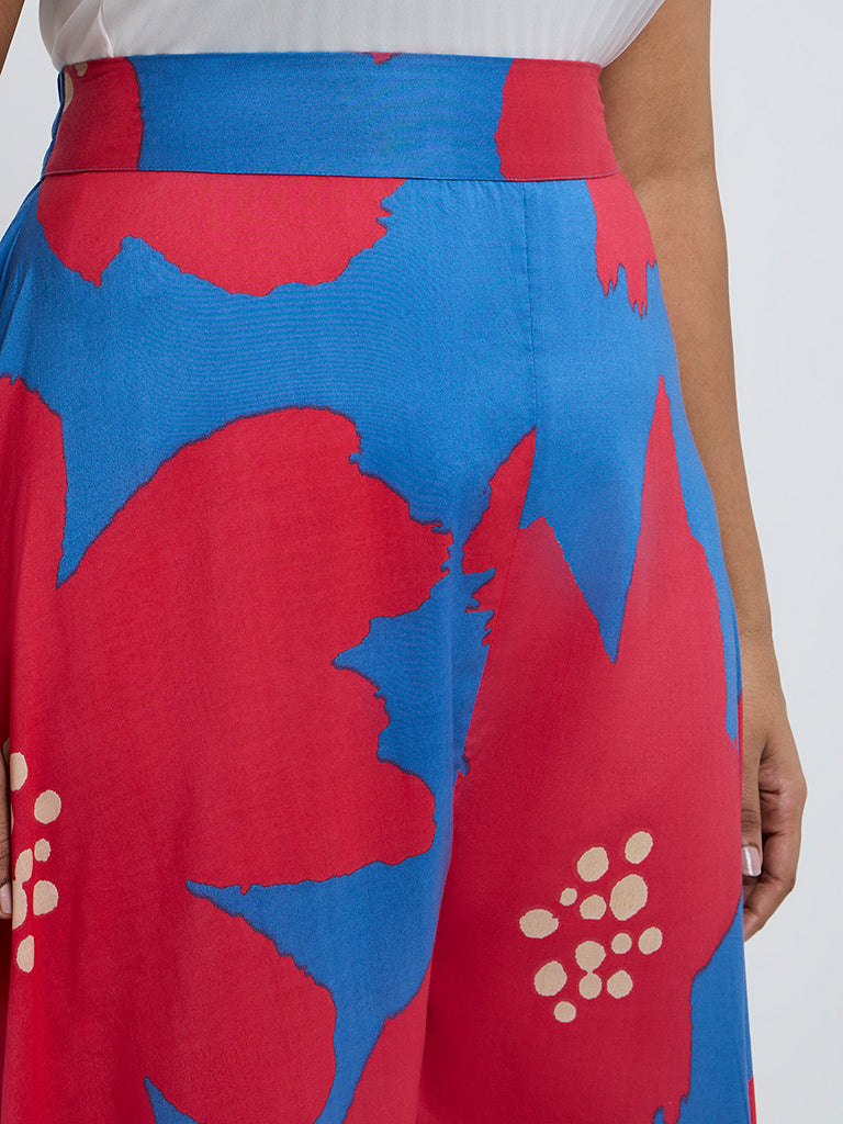 Diza Blue Floral Printed High-Rise Palazzos