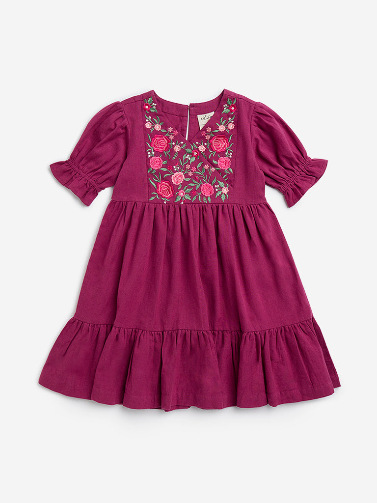 Utsa Kids Purple Floral Embroidered A-Line Cotton-Blend Dress - (2-8yrs)