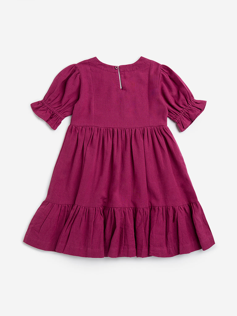 Utsa Kids Purple Floral Embroidered A-Line Cotton-Blend Dress - (2-8yrs)