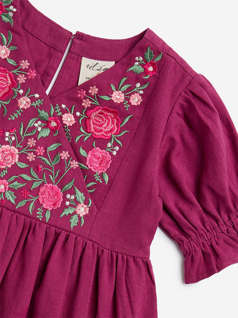 Westside Utsa Kids Purple Floral Embroidered A-Line Cotton-Blend Dress - (2-8yrs) for Ethnic Wear Zoomed View