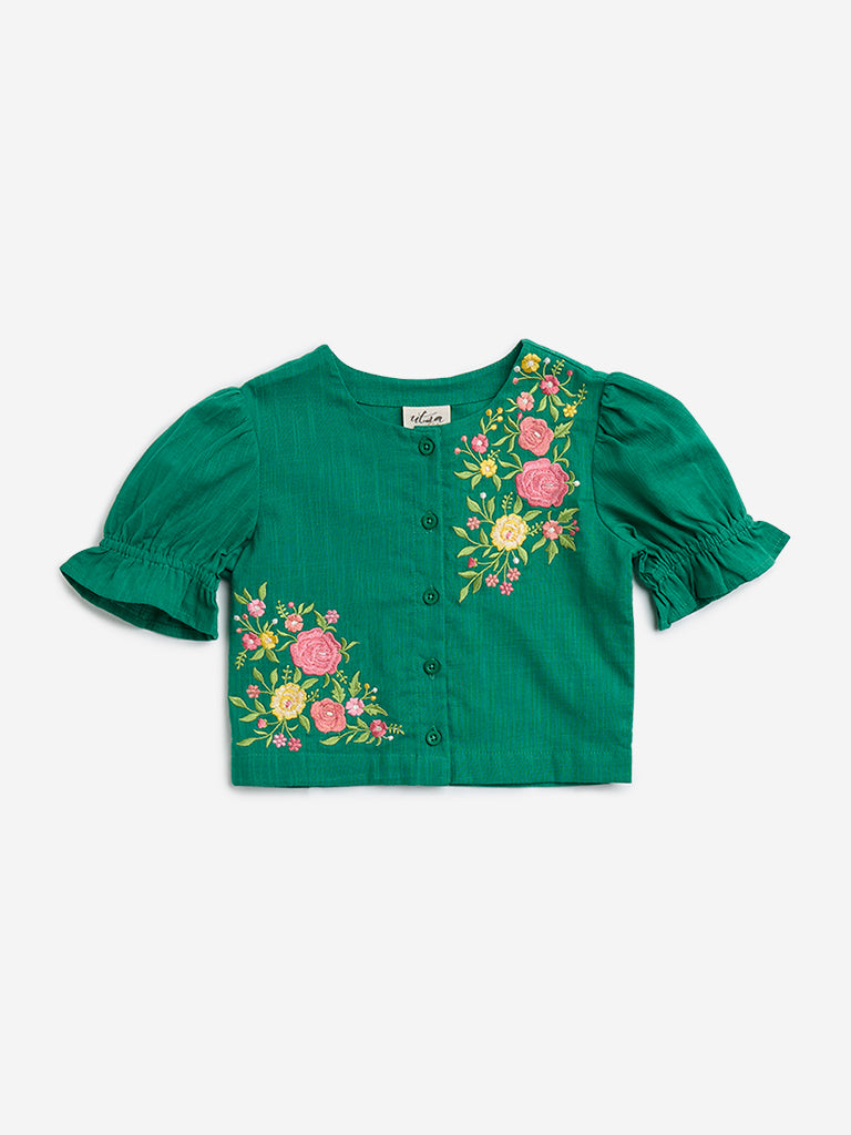Utsa Kids Green Floral Embroidered Cotton Top - (2-8yrs)