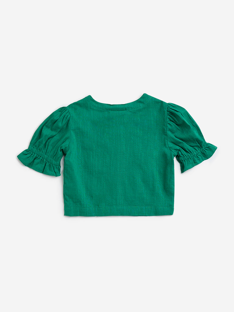 Utsa Kids Green Floral Embroidered Cotton Top - (2-8yrs)