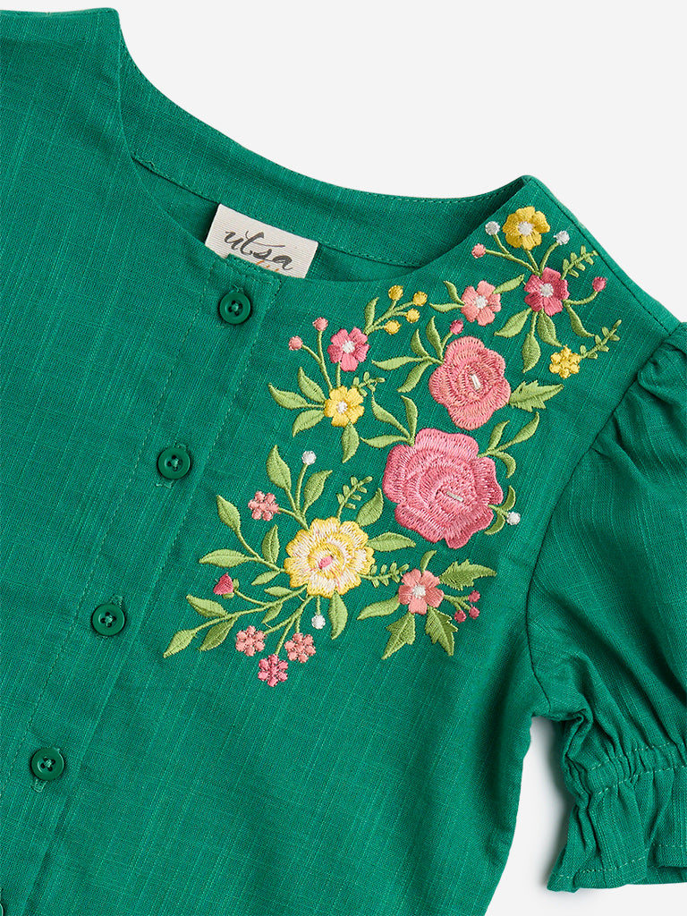 Utsa Kids Green Floral Embroidered Cotton Top - (2-8yrs)