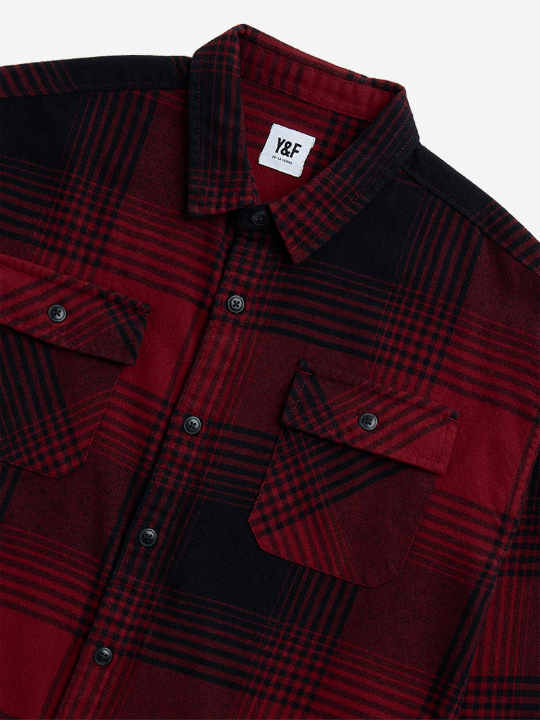 Westside Y&F Boy's Red Checks Design Cotton Shirt for Casual Wear Zoomed View