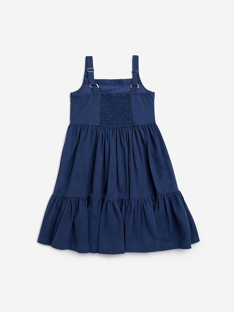 Utsa Kids Navy Floral Embroidered Cotton-Blend Tiered Dress - (2-8yrs)