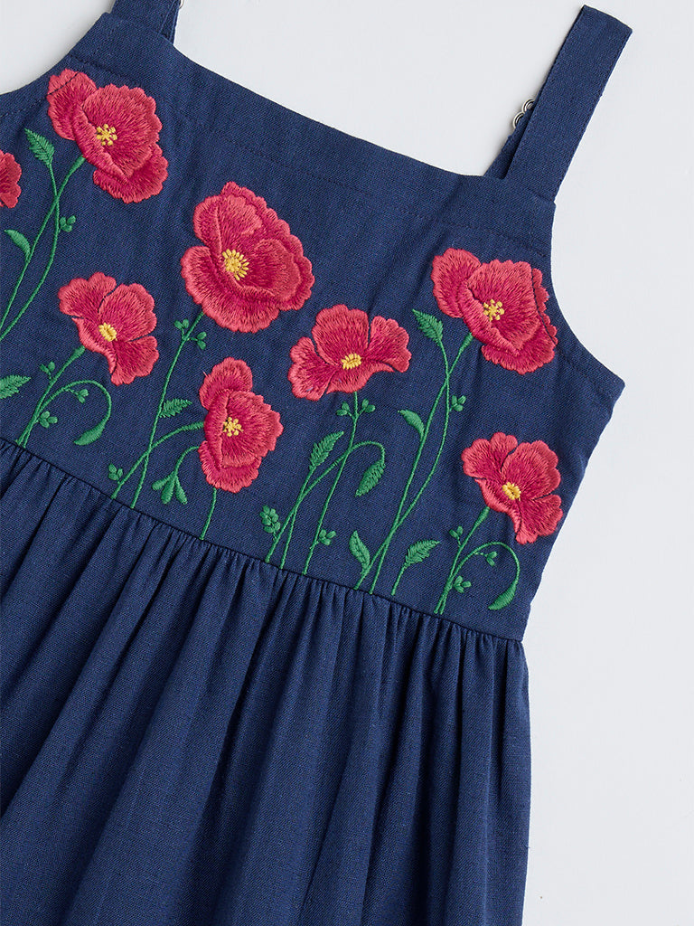 Utsa Kids Navy Floral Embroidered Cotton-Blend Tiered Dress - (2-8yrs)