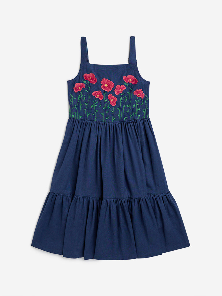 Utsa Kids Navy Floral Embroidered Cotton-Blend Tiered Dress - (8-14yrs)