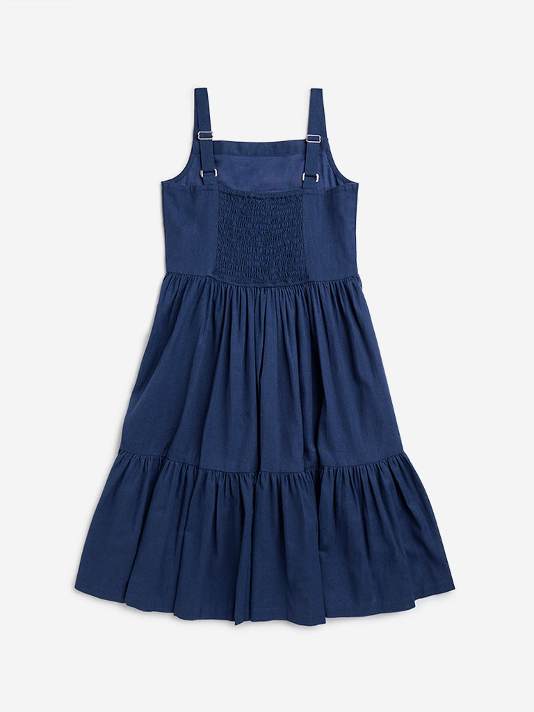 Utsa Kids Navy Floral Embroidered Cotton-Blend Tiered Dress - (8-14yrs)