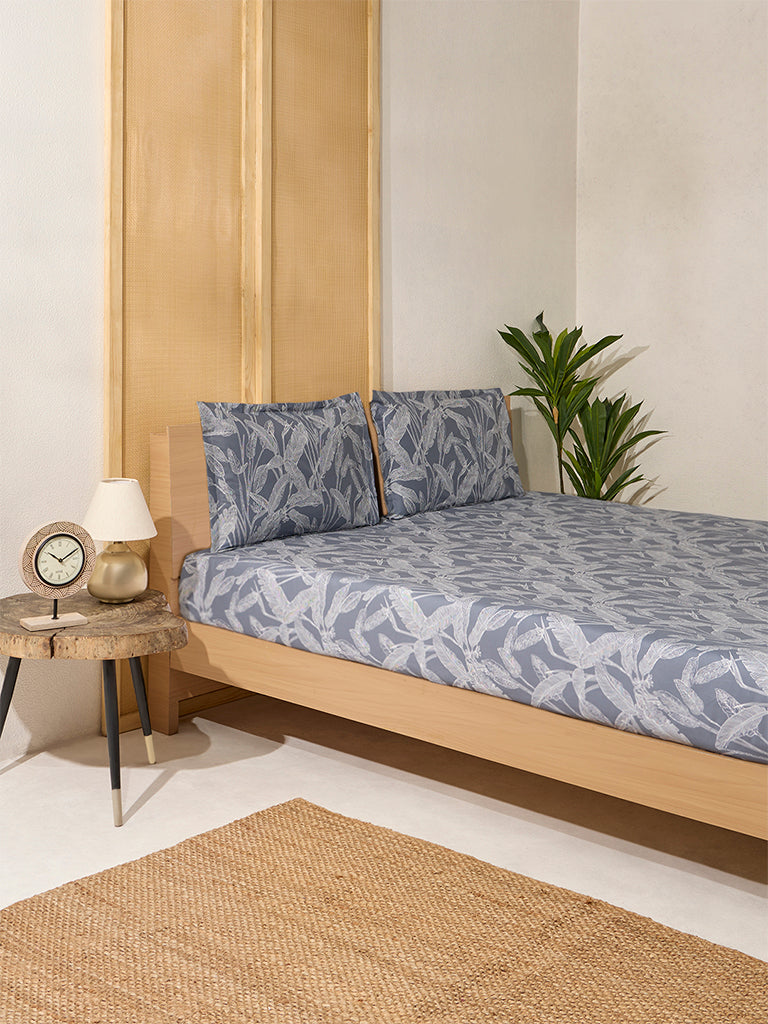 Westside Home Dusty Blue Leaf Printed King Bed Flat Sheet and Pillowcase Set