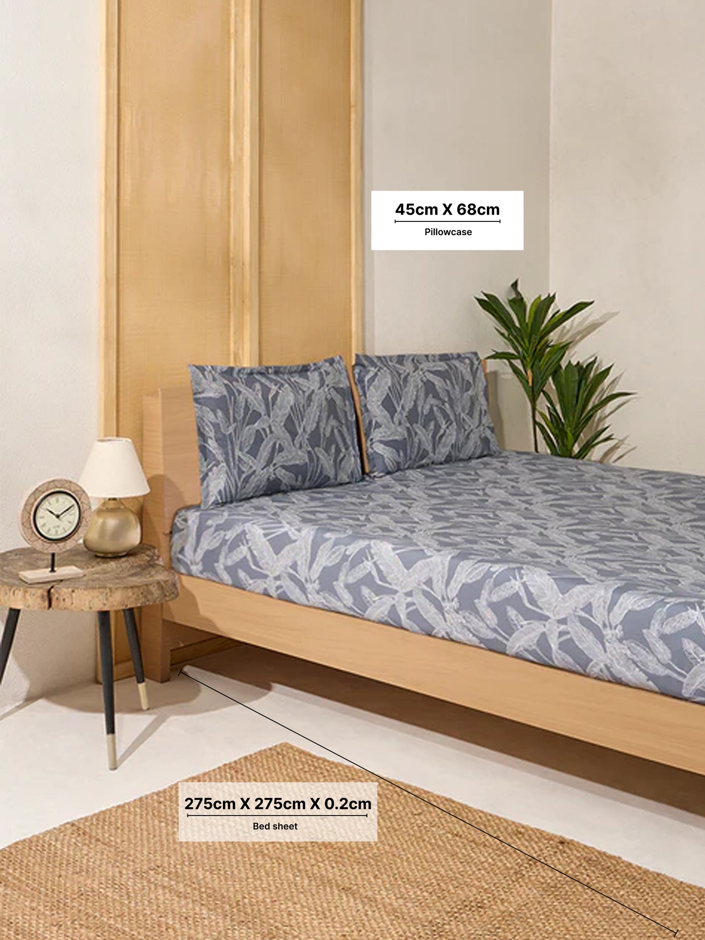 Westside Home Dusty Blue Leaf Printed King Bed Flat Sheet and Pillowcase Set