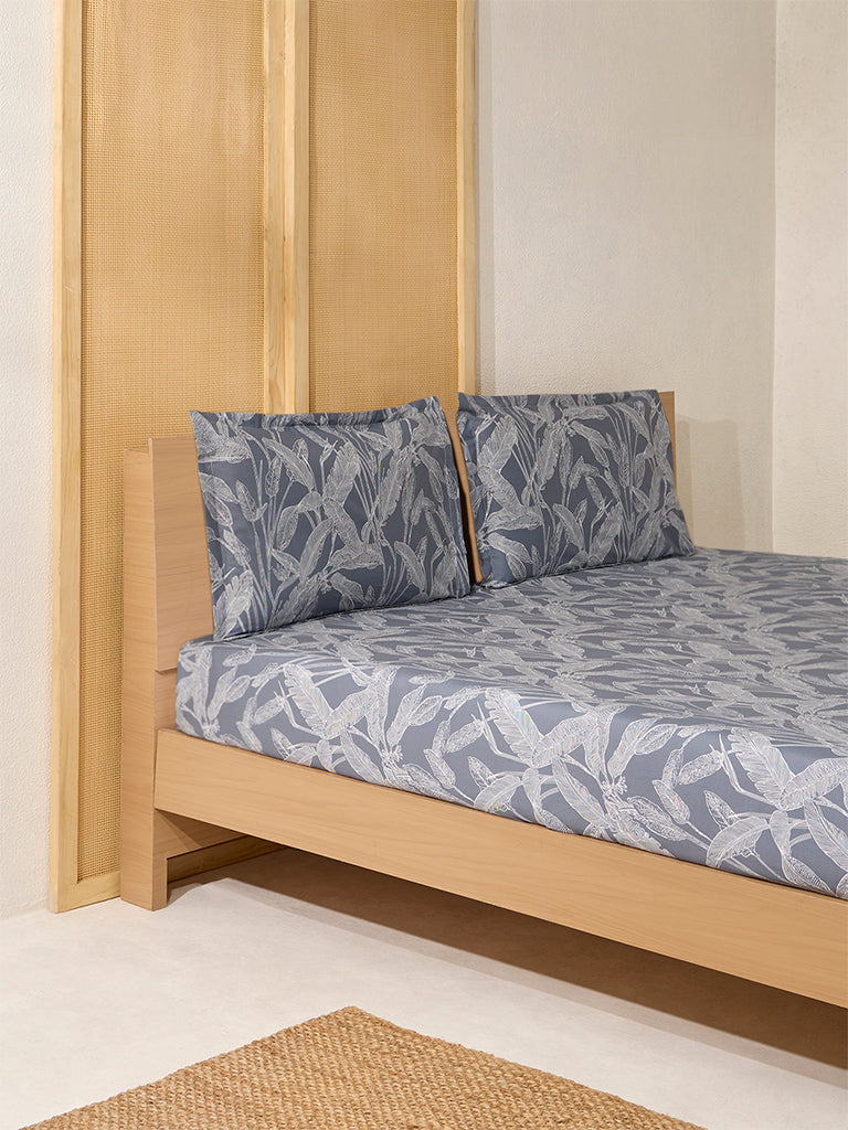 Westside Home Dusty Blue Leaf Printed King Bed Flat Sheet and Pillowcase Set