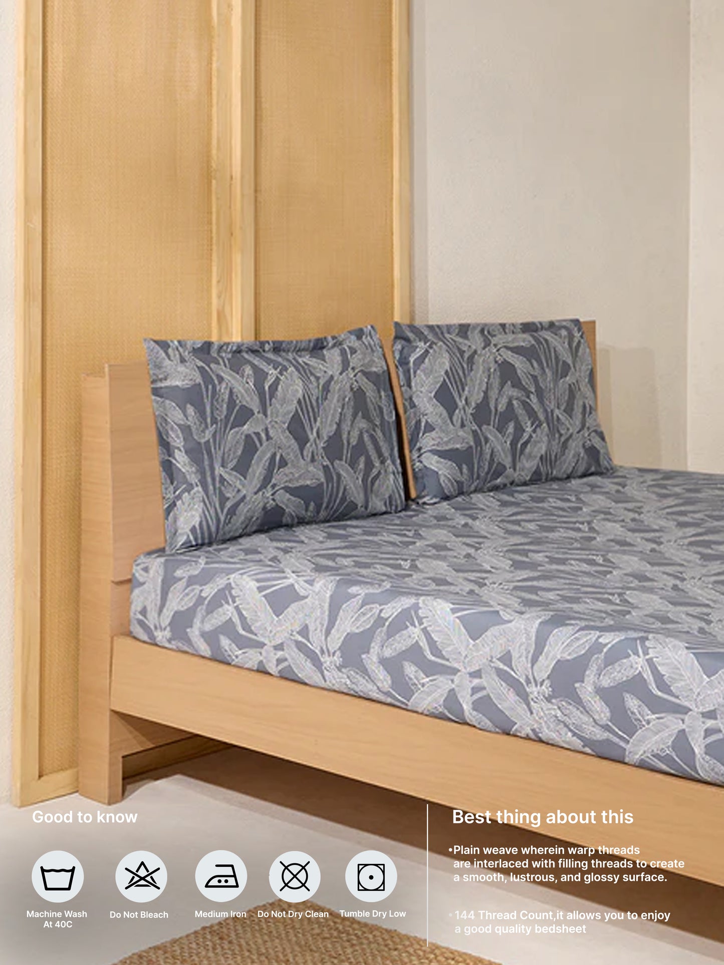 Westside Home Dusty Blue Leaf Printed King Bed Flat Sheet and Pillowcase Set