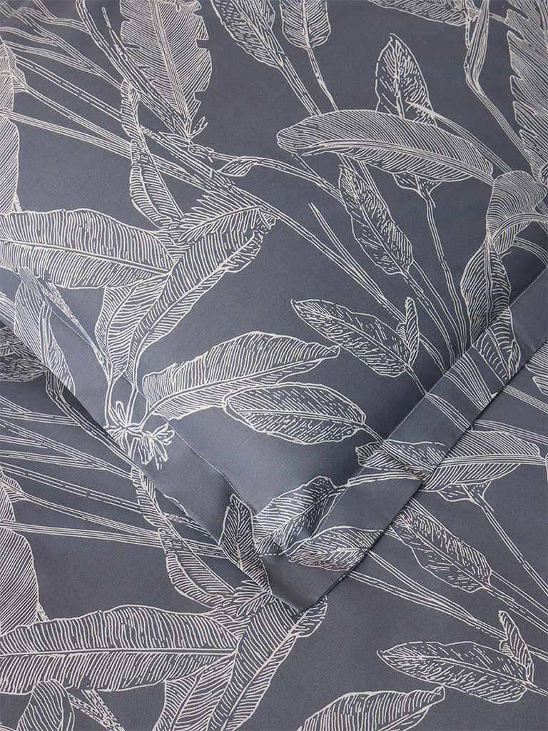 Westside Home Dusty Blue Leaf Printed King Bed Flat Sheet and Pillowcase Set