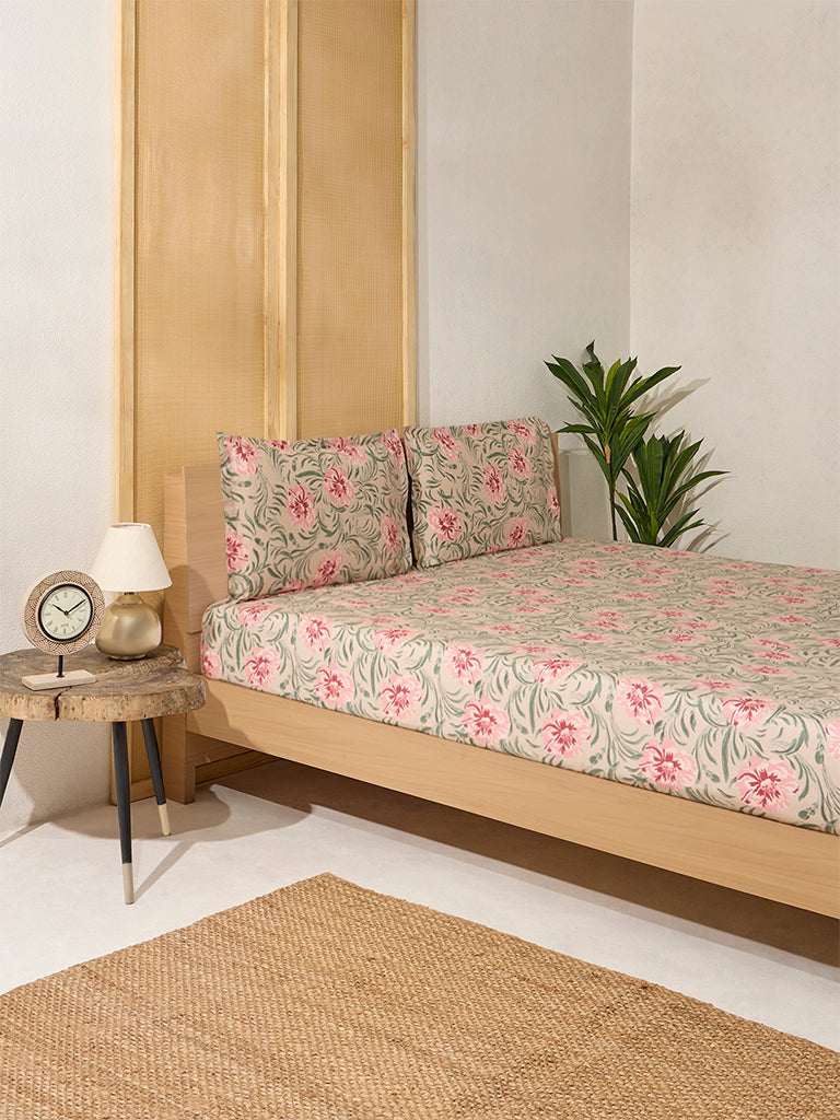 Westside Home Beige Floral Design Double Bed Fitted Sheet and Pillowcase Set