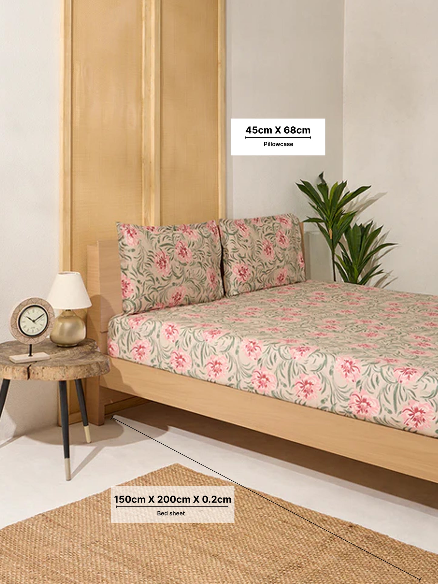 Westside Home Beige Floral Design Double Bed Fitted Sheet and Pillowcase Set