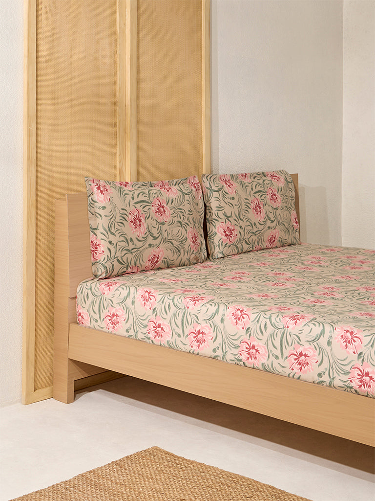 Westside Home Beige Floral Design Double Bed Fitted Sheet and Pillowcase Set