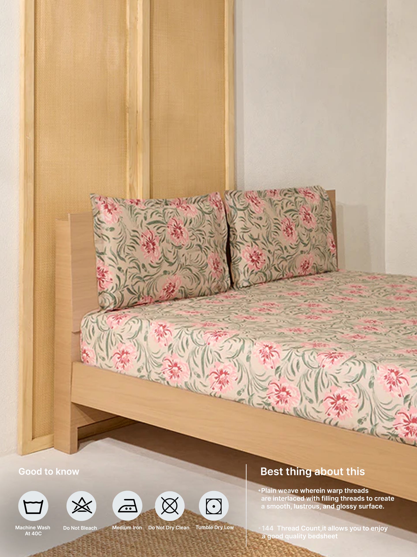 Westside Home Beige Floral Design Double Bed Fitted Sheet and Pillowcase Set