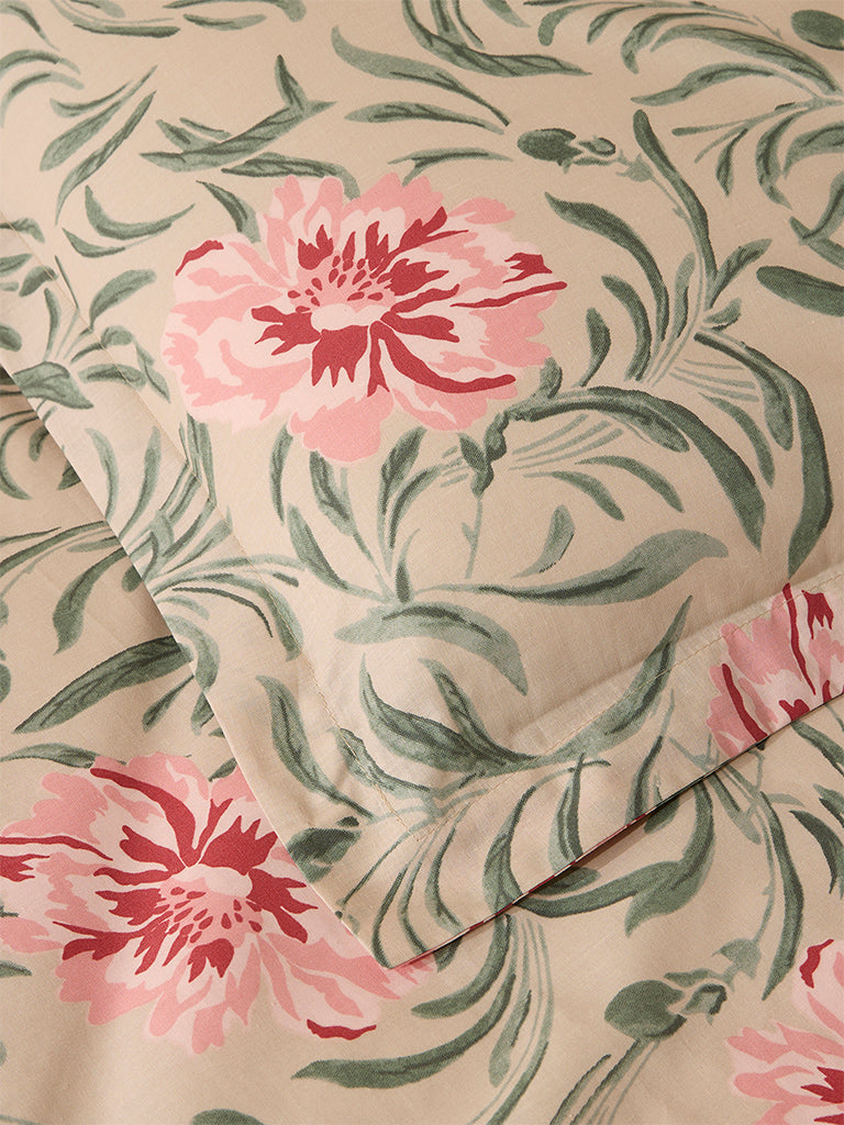 Westside Home Beige Floral Design Double Bed Fitted Sheet and Pillowcase Set