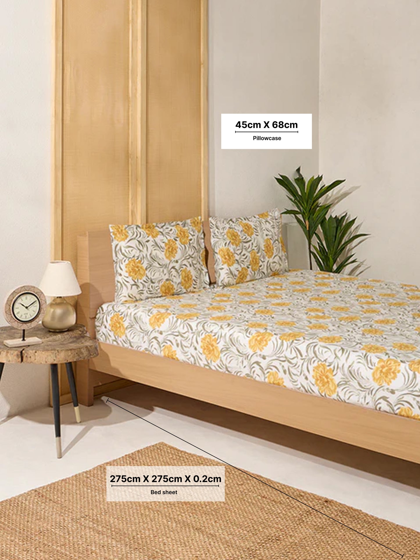 Westside Home Yellow Floral Printed King Bed Flat Sheet and Pillowcase Set