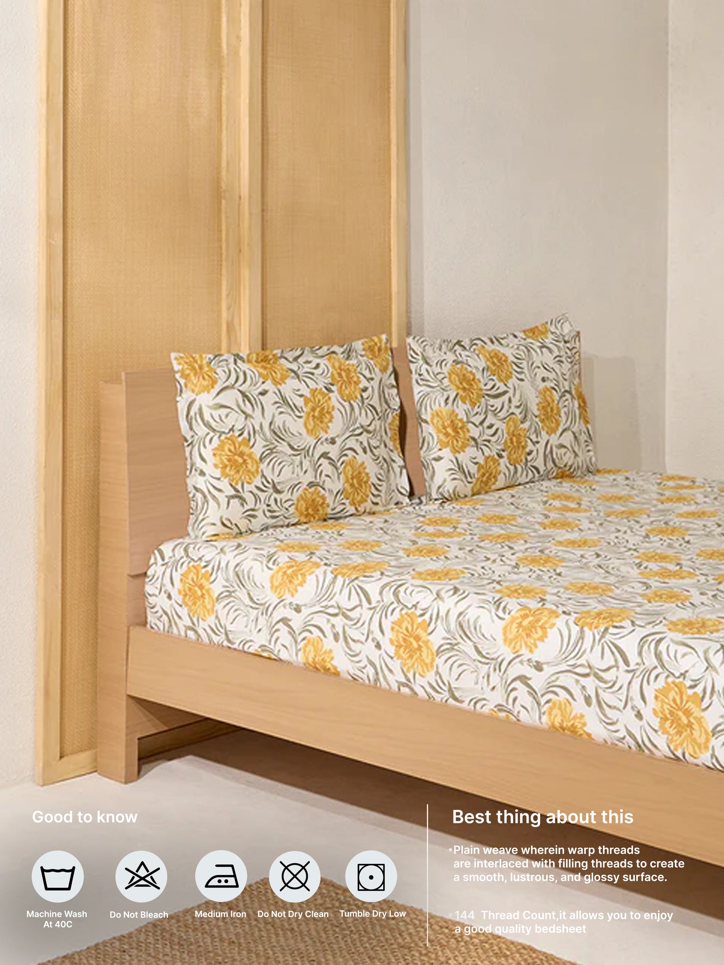 Westside Home Yellow Floral Printed King Bed Flat Sheet and Pillowcase Set