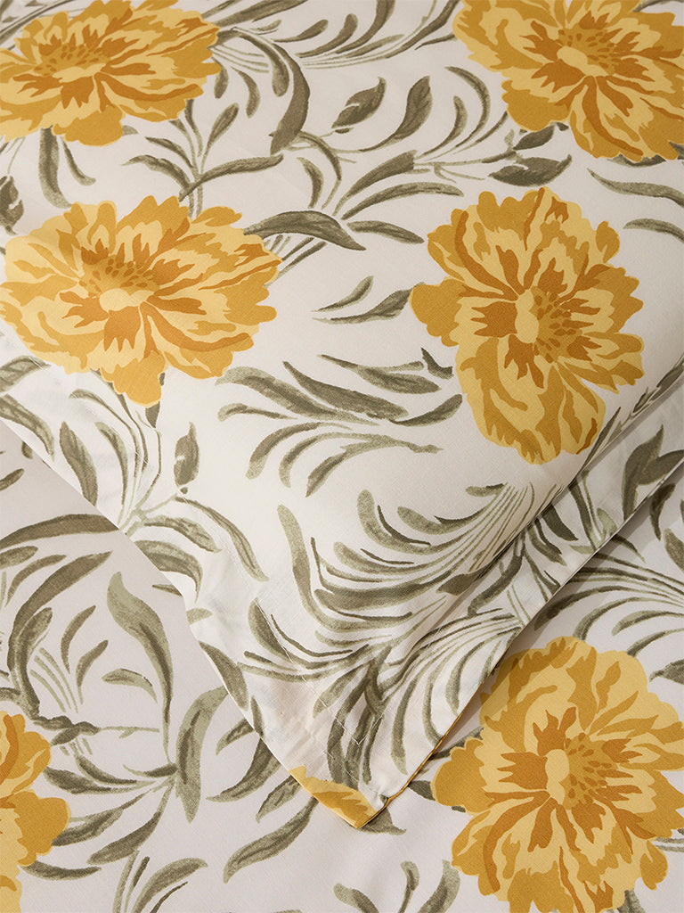 Westside Home Yellow Floral Printed King Bed Flat Sheet and Pillowcase Set