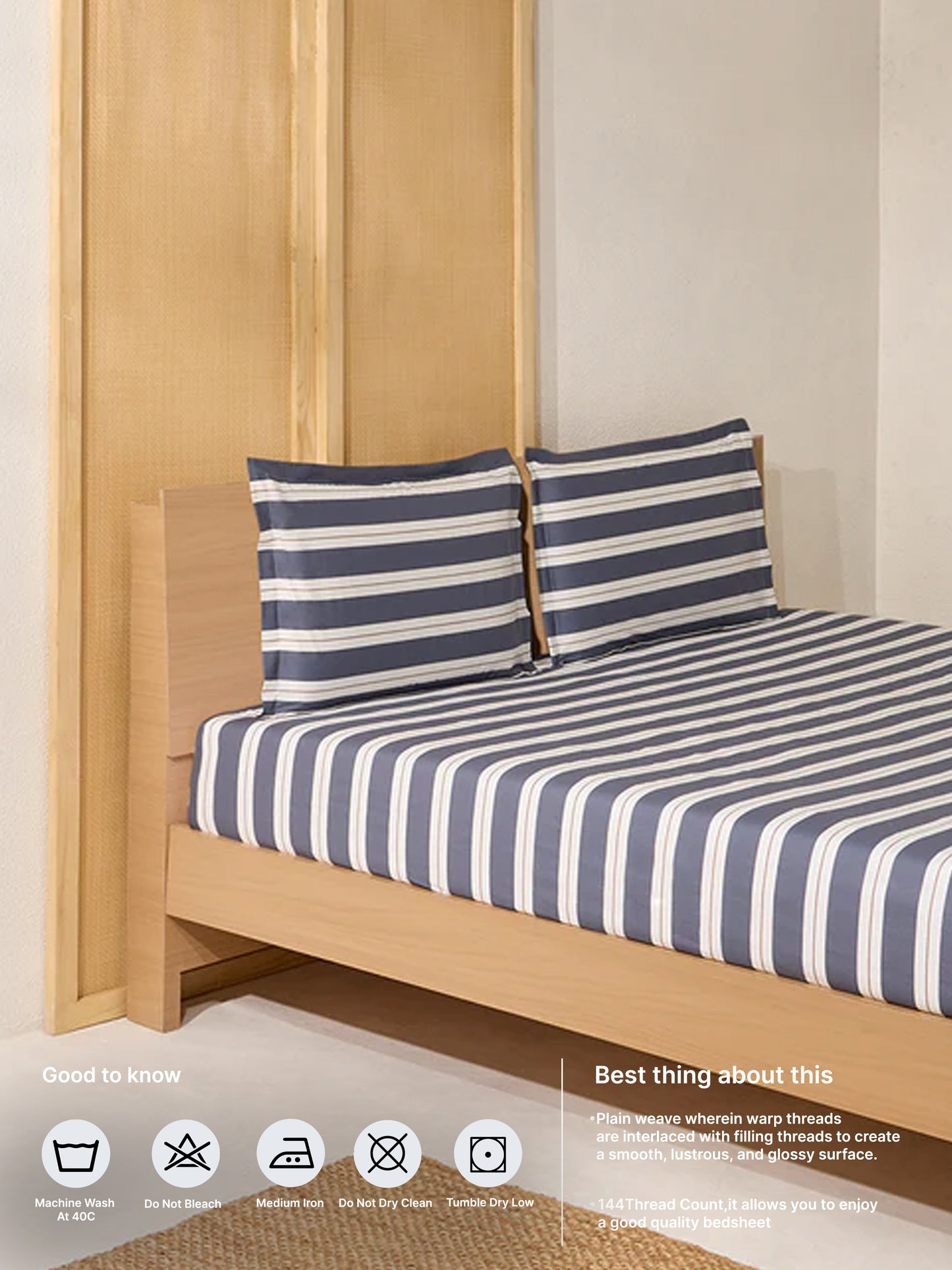 Westside Home Dark Grey Stripe Queen Bed Fitted Sheet and Pillowcase Set