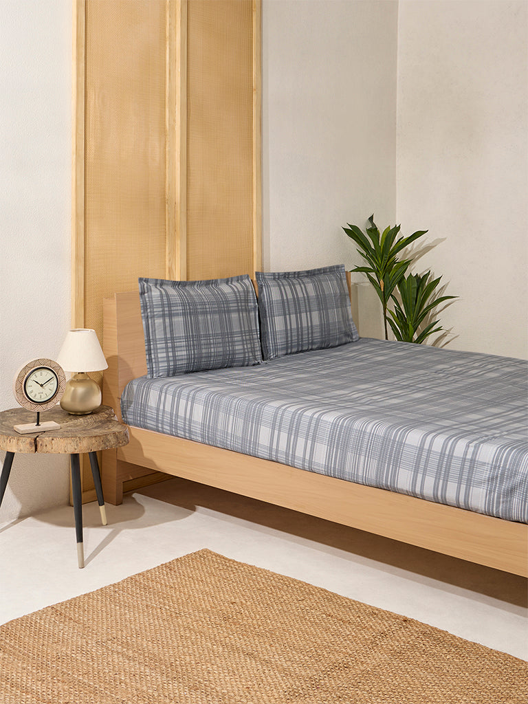 Westside Home Dark Grey Checkered Double Bed Fitted Sheet and Pillowcase Set