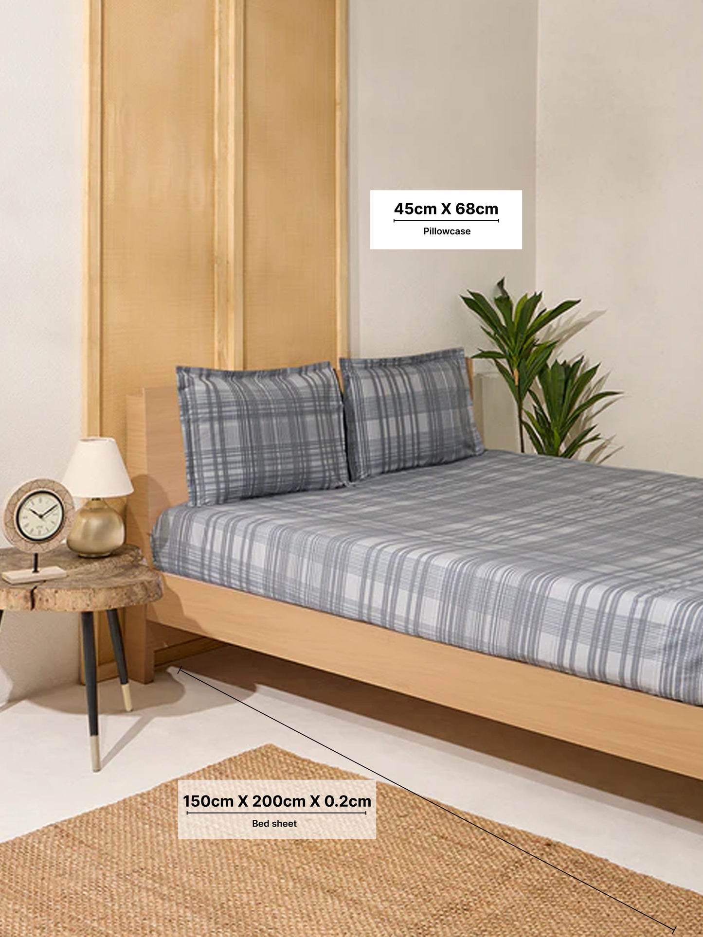 Westside Home Dark Grey Checkered Double Bed Fitted Sheet and Pillowcase Set