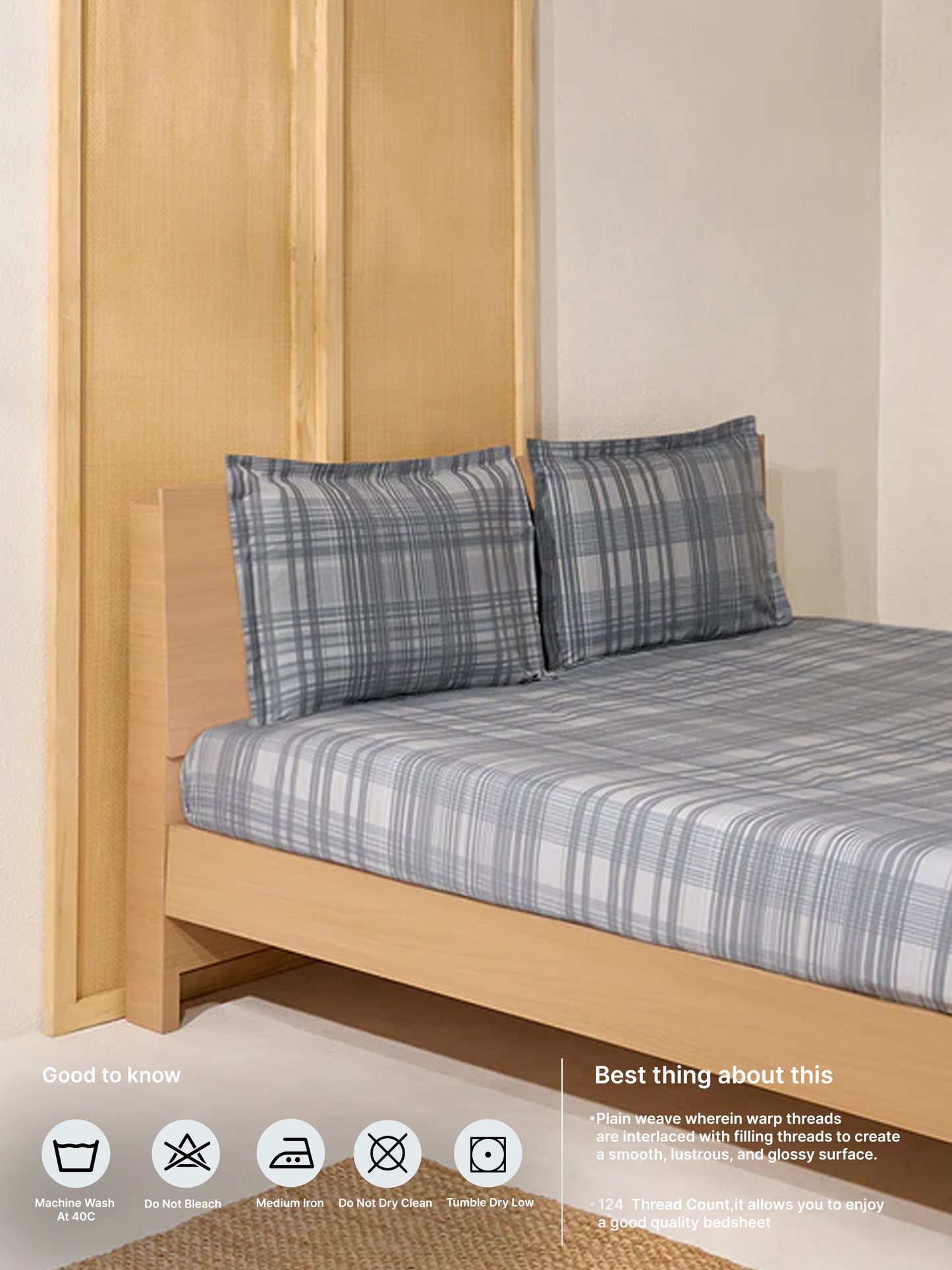 Westside Home Dark Grey Checkered King Bed Fitted Sheet and Pillowcase Set