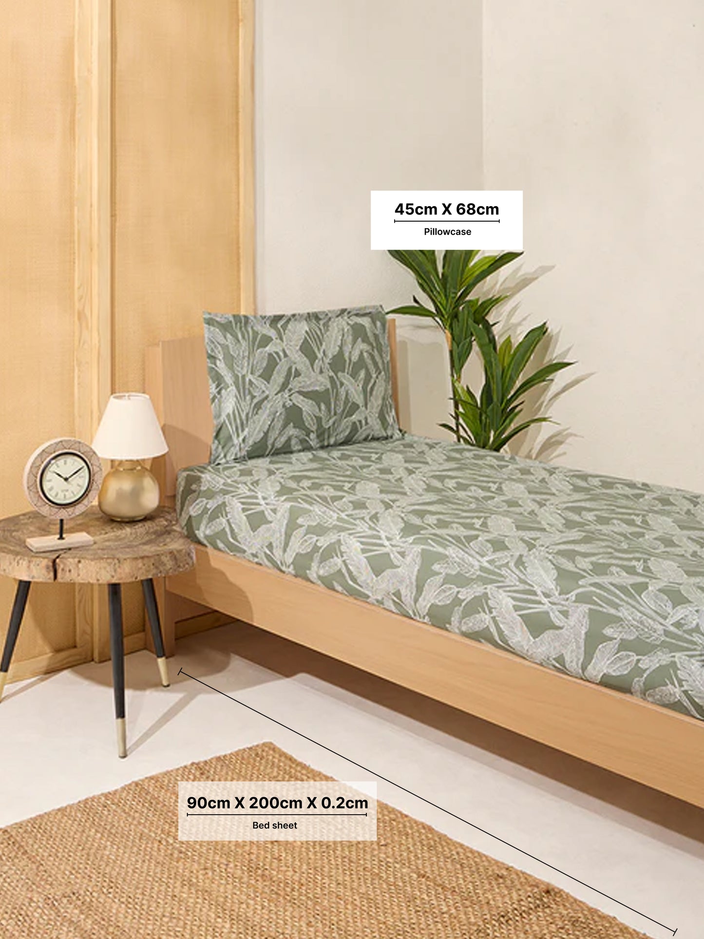 Westside Home Sage Leaf Pattern Single Bed Fitted Sheet and Pillowcase Set