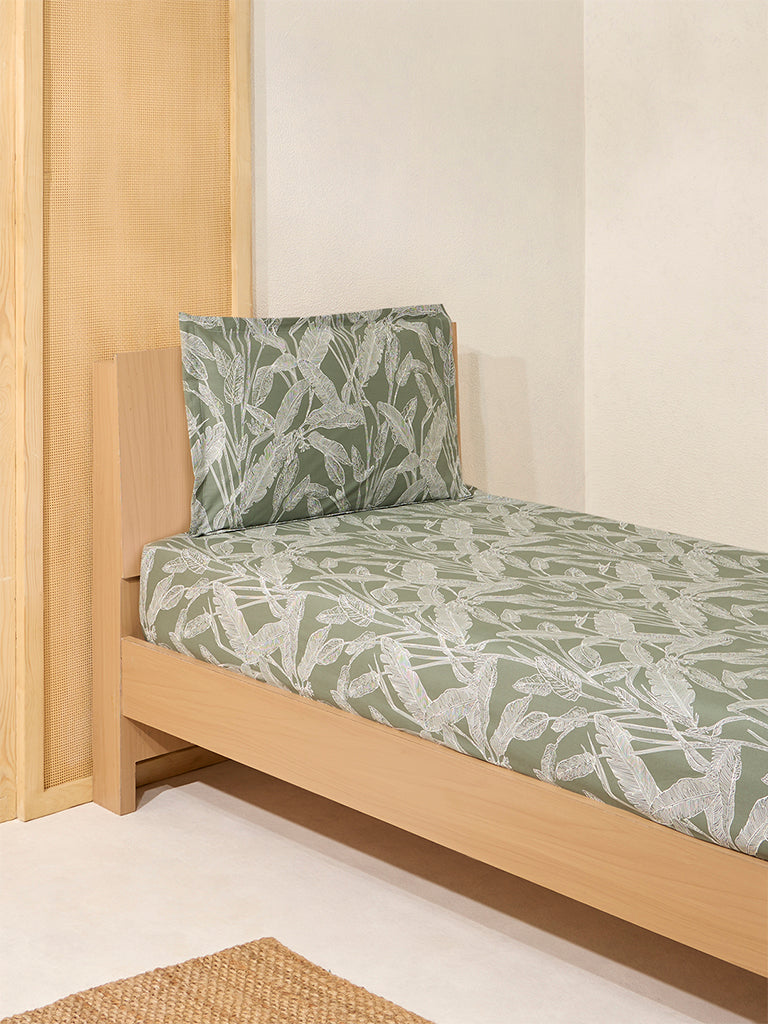Westside Home Sage Leaf Pattern Single Bed Fitted Sheet and Pillowcase Set