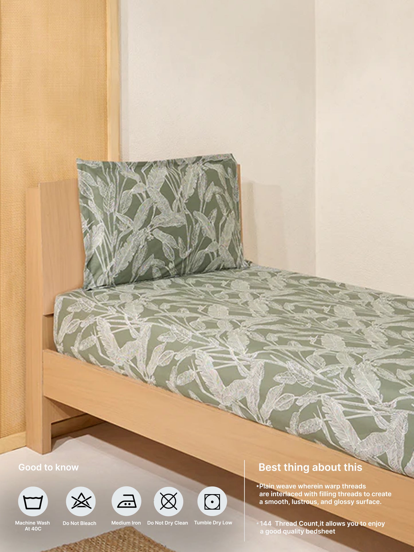 Westside Home Sage Leaf Pattern Single Bed Fitted Sheet and Pillowcase Set