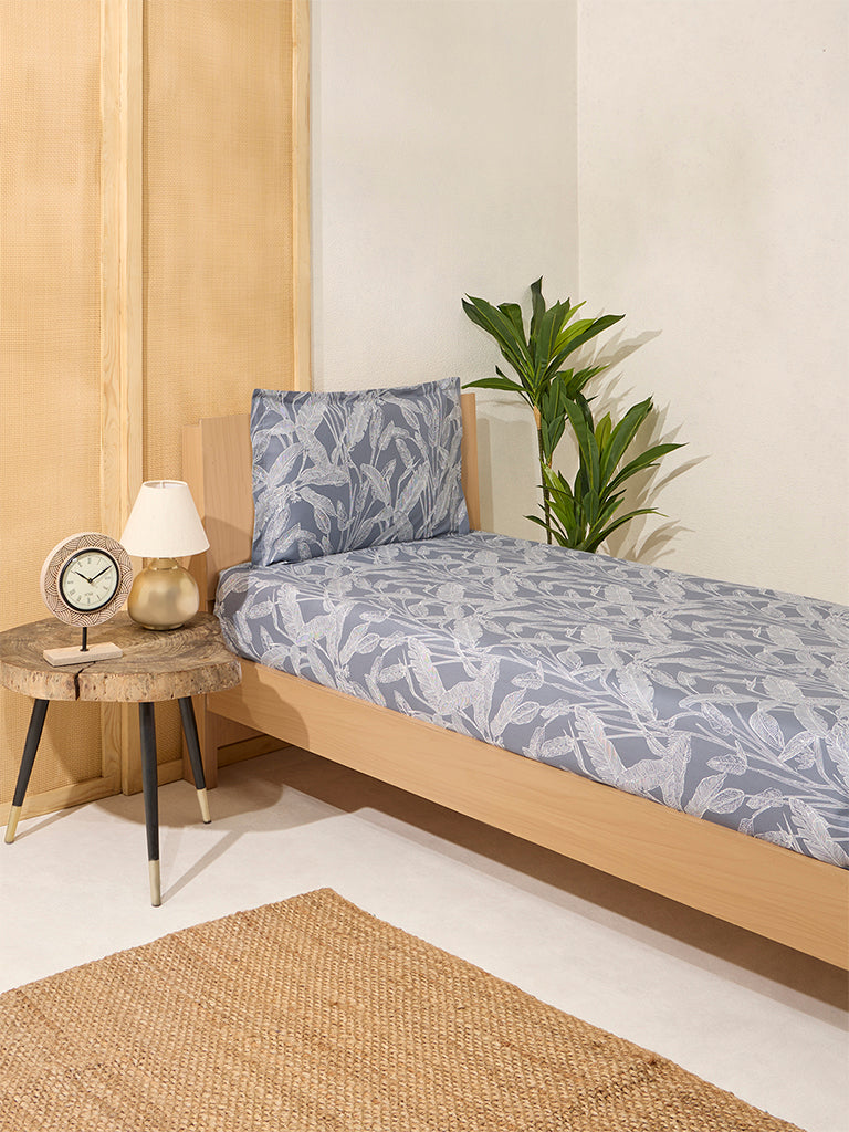 Westside Home Dusty Blue Leaf Printed Single Bed Flat Sheet and Pillowcase Set