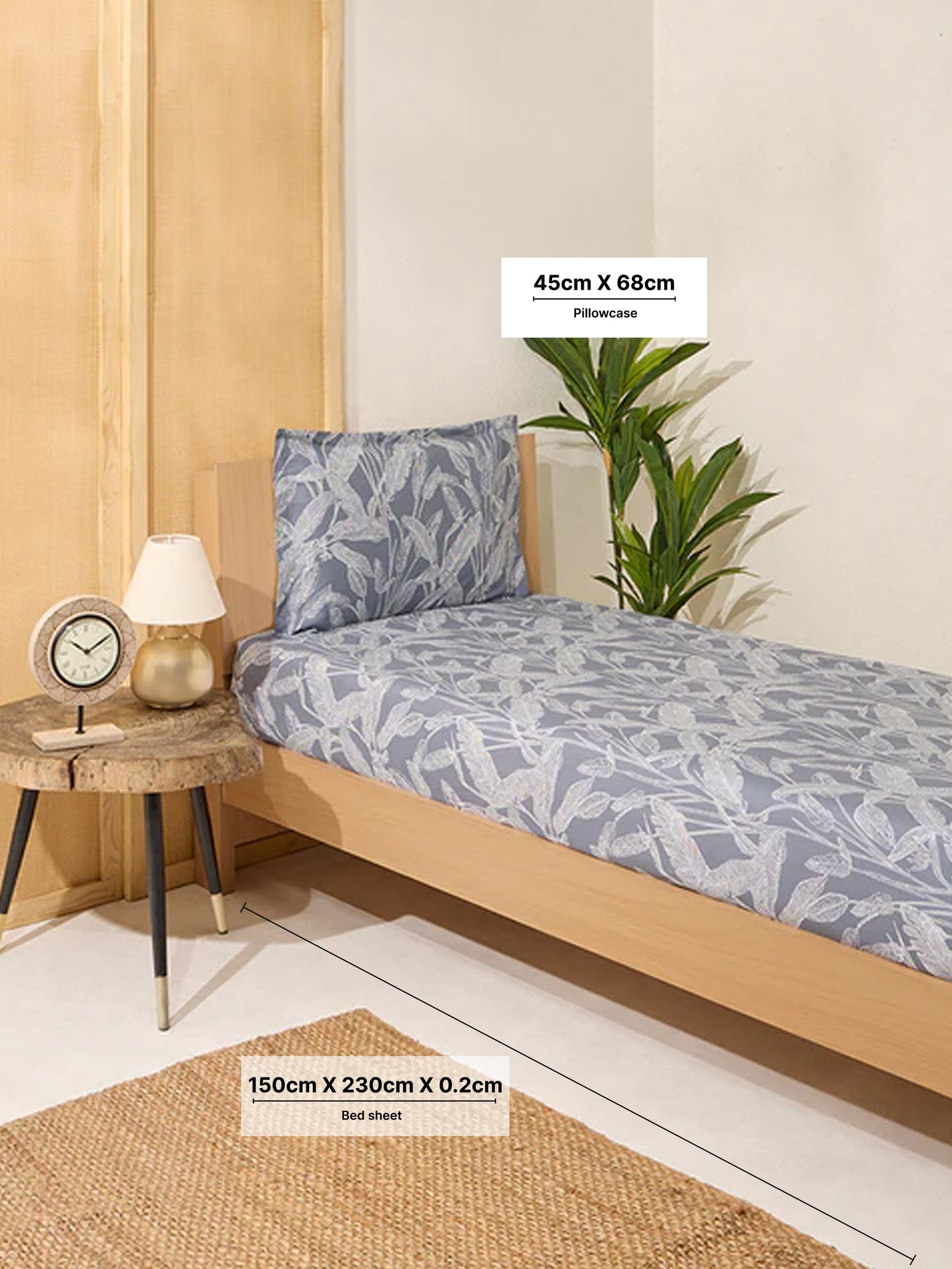 Westside Home Dusty Blue Leaf Printed Single Bed Flat Sheet and Pillowcase Set