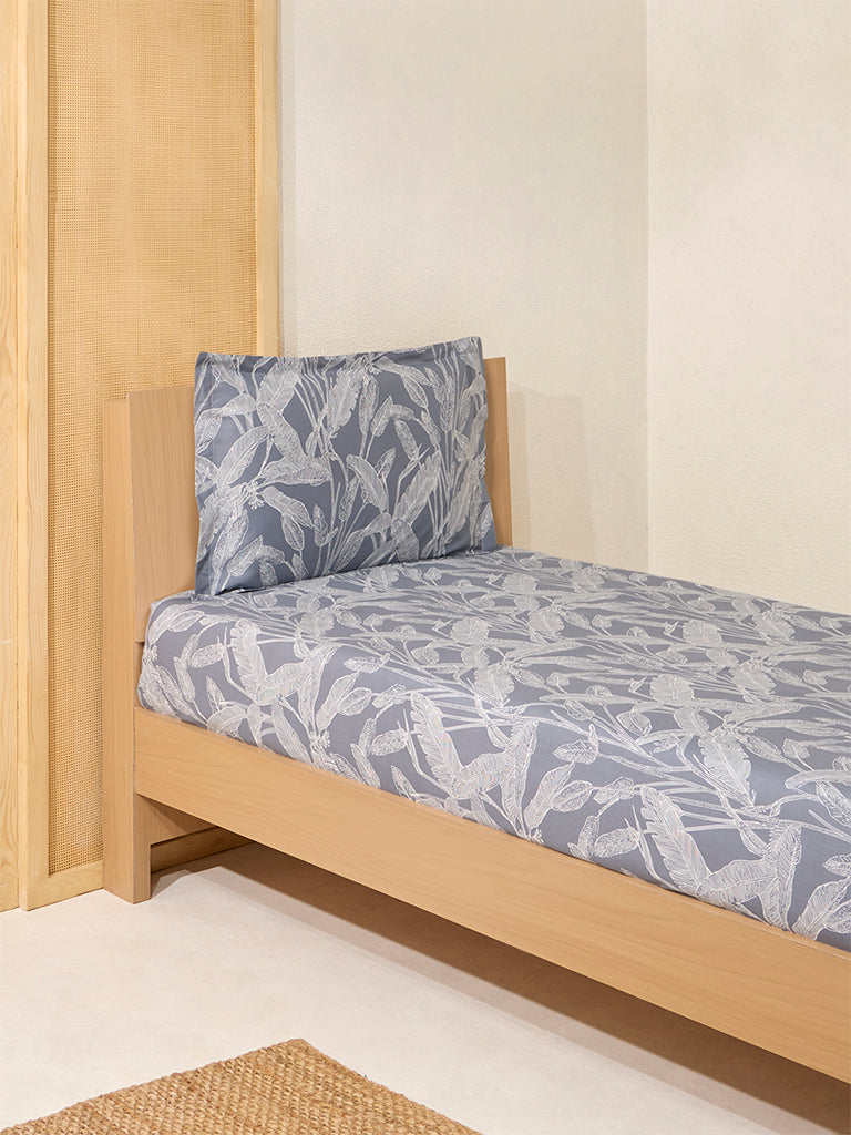 Westside Home Dusty Blue Leaf Printed Single Bed Flat Sheet and Pillowcase Set