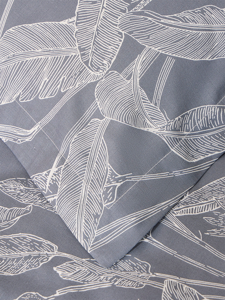 Westside Home Dusty Blue Leaf Printed Single Bed Flat Sheet and Pillowcase Set