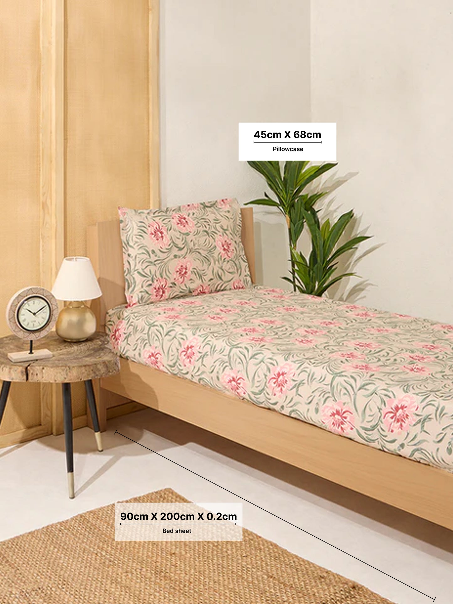 Westside Home Beige Foliage Design Single Bed Fitted Sheet and Pillowcase Set