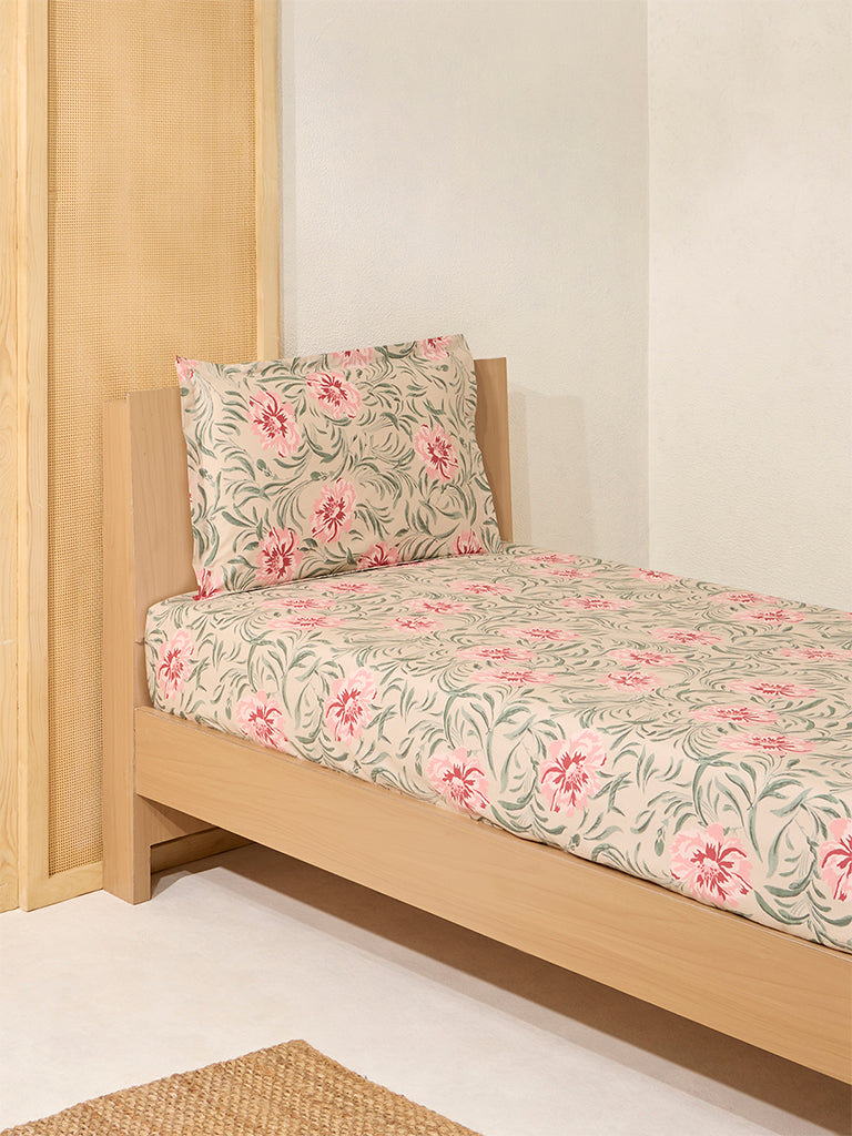 Westside Home Beige Foliage Design Single Bed Fitted Sheet and Pillowcase Set