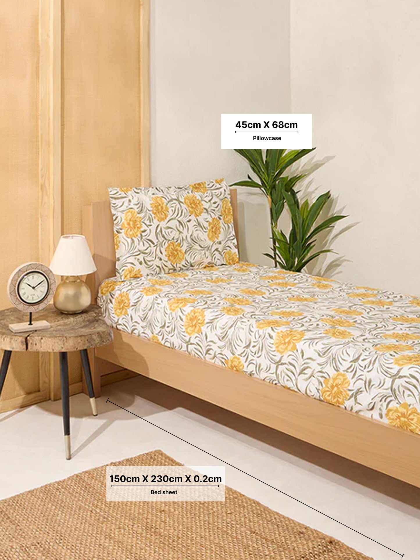 Westside Home Yellow Floral Printed Single Bed Flat Sheet and Pillowcase Set