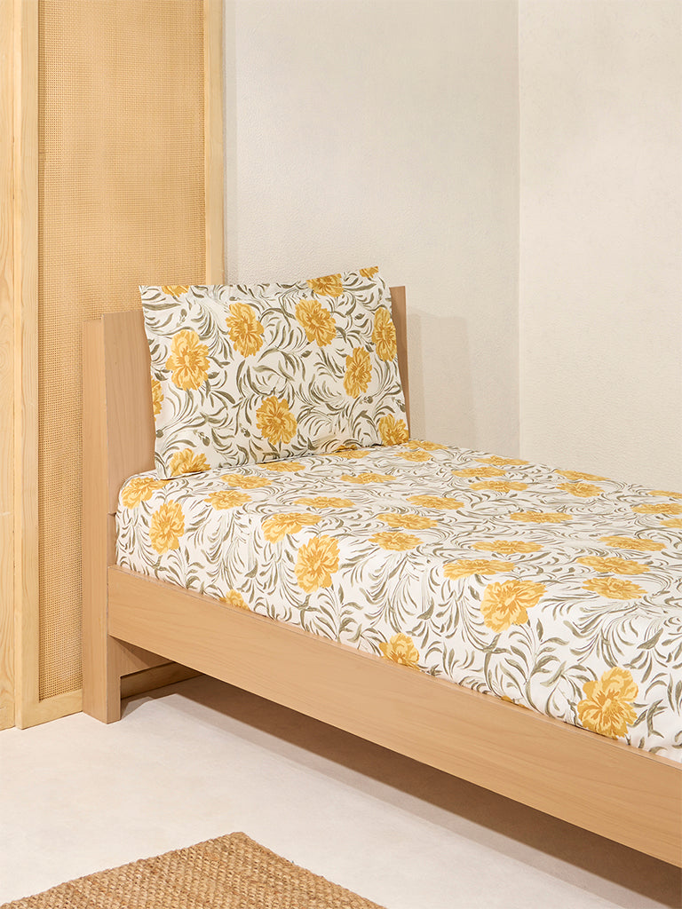 Westside Home Yellow Floral Printed Single Bed Flat Sheet and Pillowcase Set
