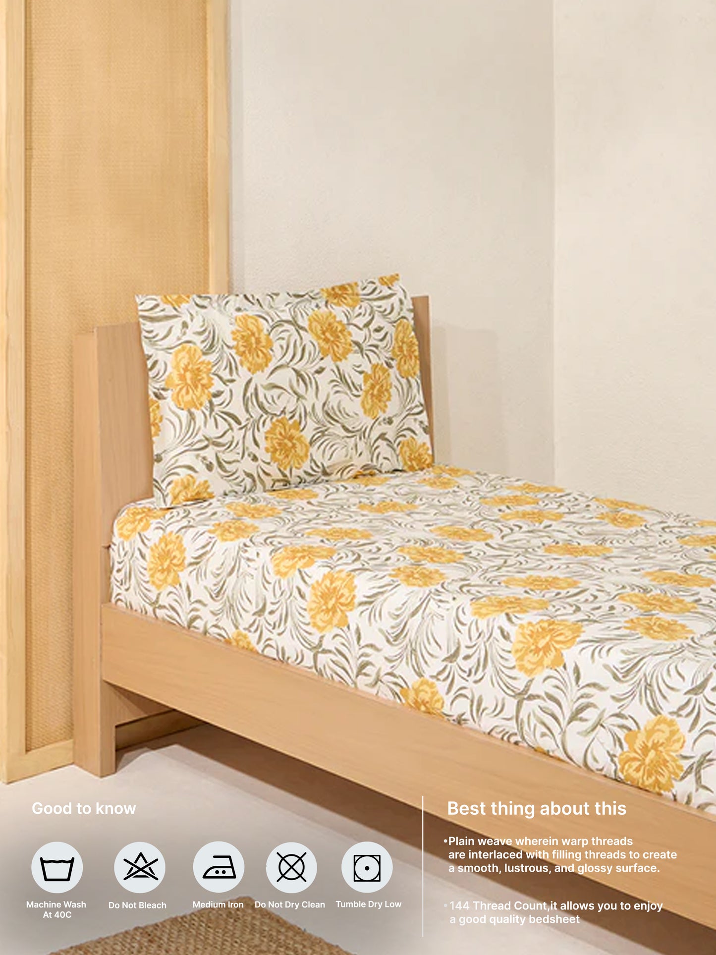 Westside Home Yellow Floral Printed Single Bed Flat Sheet and Pillowcase Set
