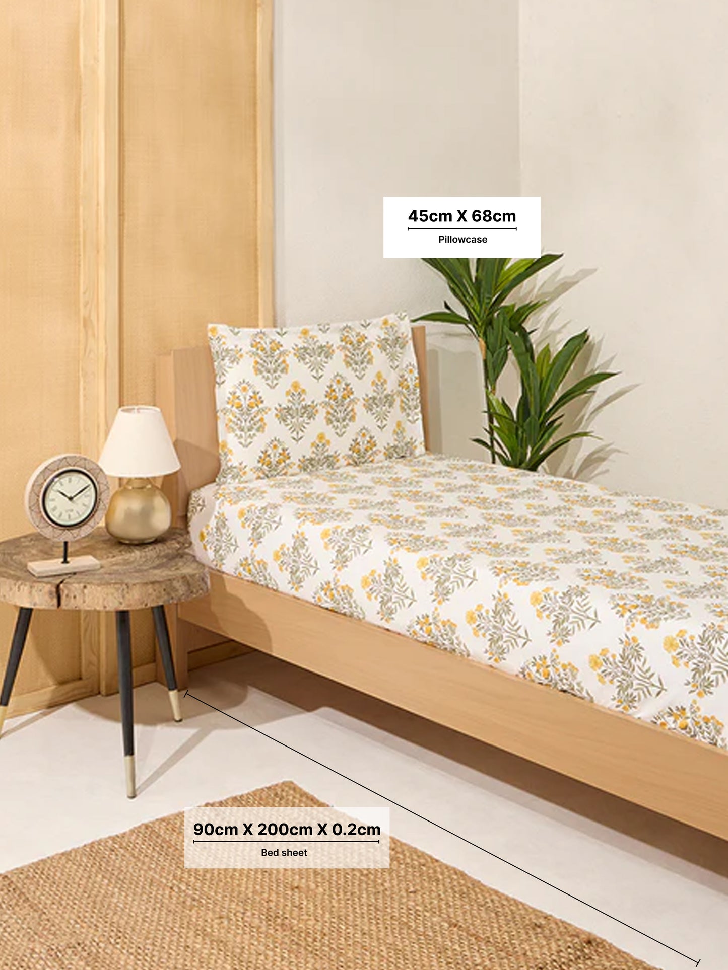 Westside Home Olive Floral Printed Single Bed Fitted Sheet and Pillowcase Set