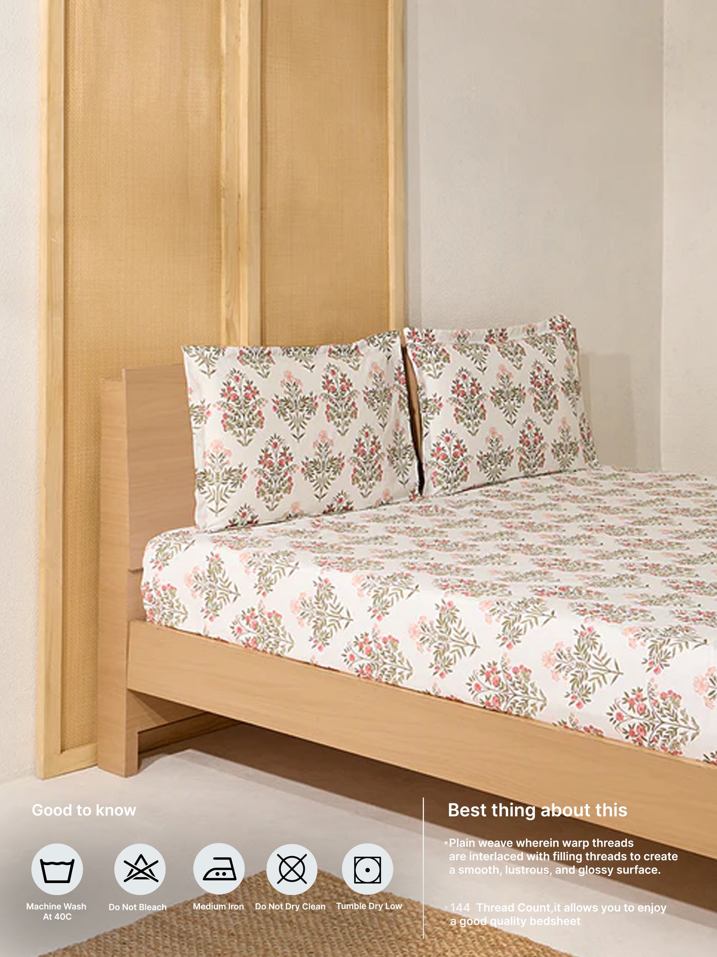 Westside Home Pink Floral Butta Queen Bed Flat Sheet and Pillowcase Set