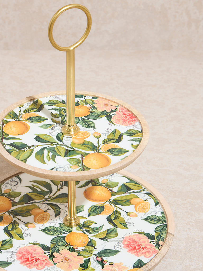 Westside Home Multicolour Lemon Printed Two-Tier Cake Stand